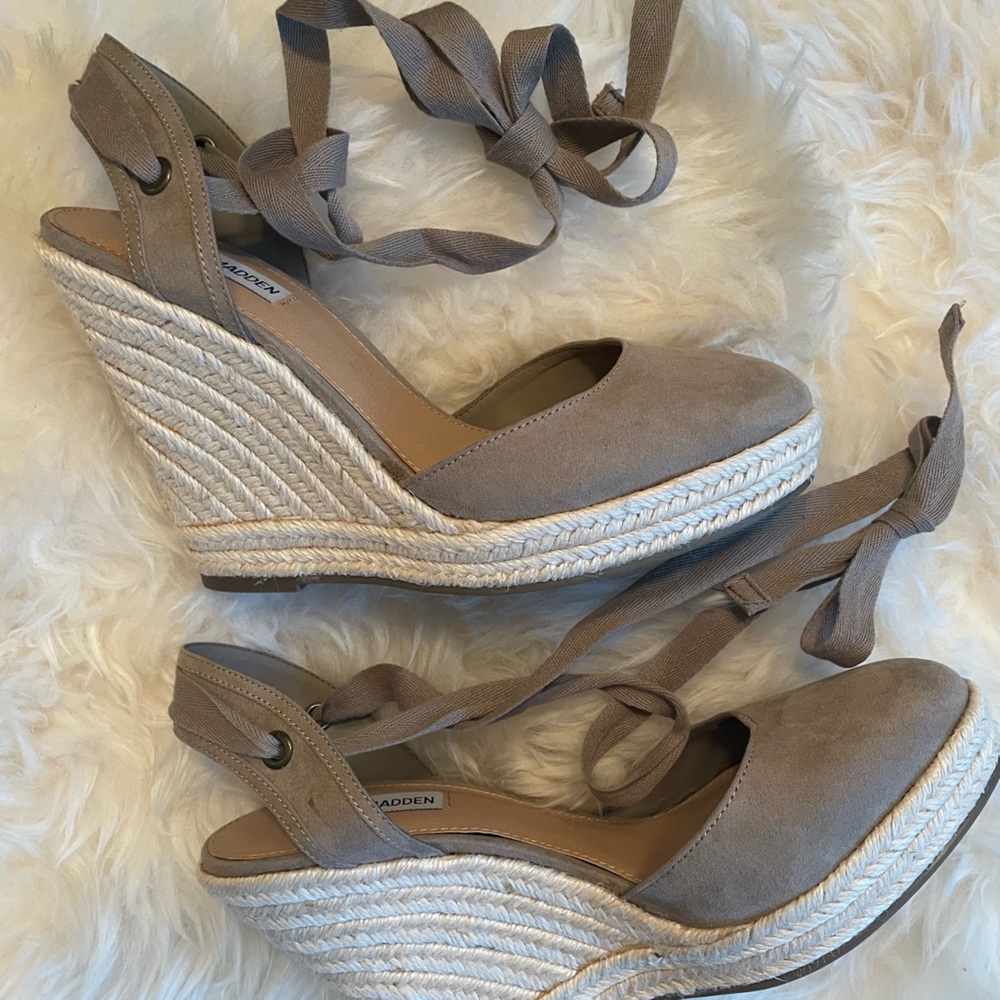 NWOT High-heel Espadrilles. Never worn. Size 9. Taupe suede with lace up ankle!